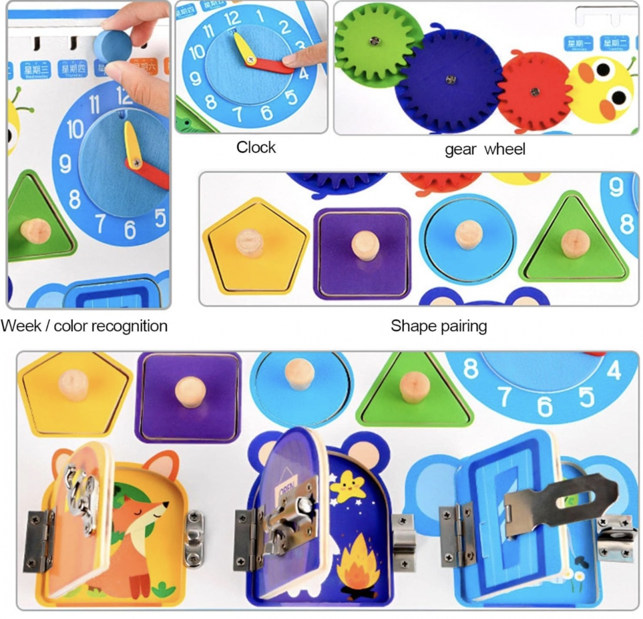 Joc Montessori Placa cu 6 activitati Tine-l Ocupat si Invata-l, din lemn, albastru - 3 | YEO