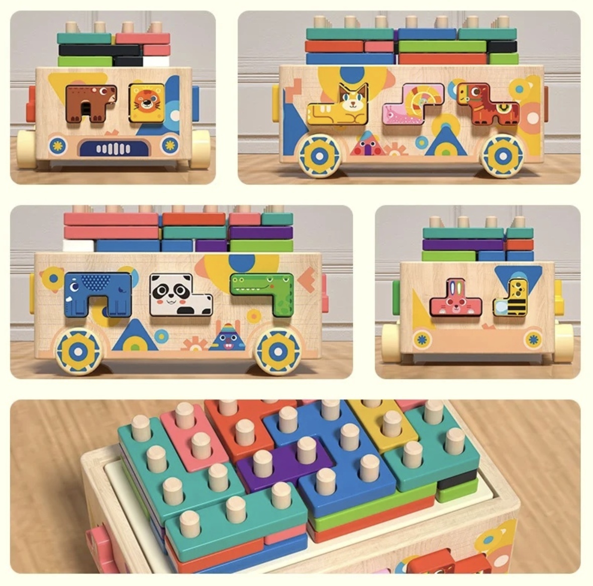 Jucarie camion cu sortator forme geometrice si animalute, Geometry Car, din lemn - 3 | YEO