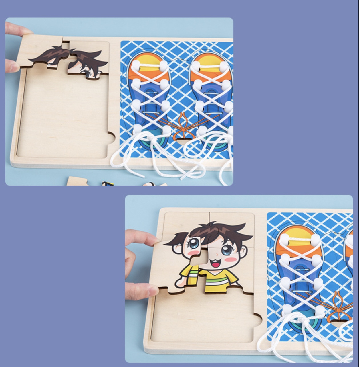 Jucarie Montessori 2 in 1, Puzzle baietel si Invata Sa Legi Sireturile, bleu - 2 | YEO