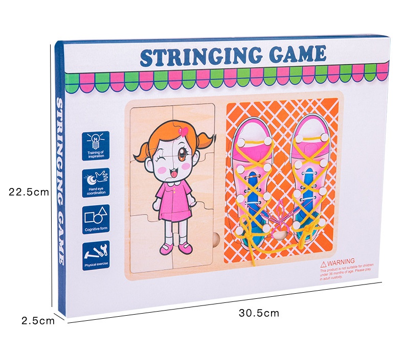 Jucarie Montessori 2 in 1, Puzzle fetita si Invata Sa Legi Sireturile, roz - 2 | YEO