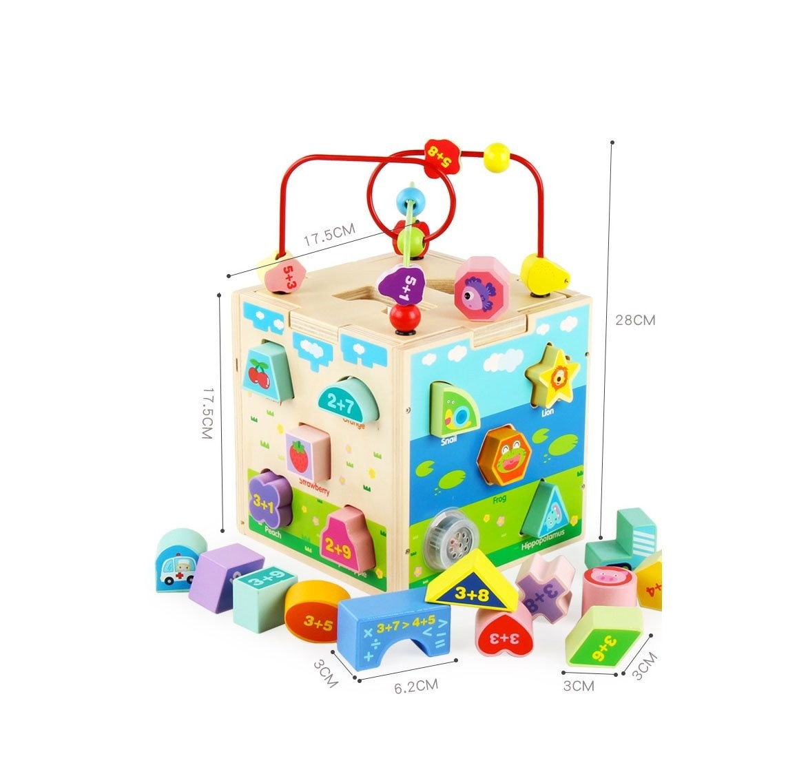 Jucarie Montessori Cub 5 in 1, cu fatete sortatoare de forme si circuit cu bile - 2 | YEO