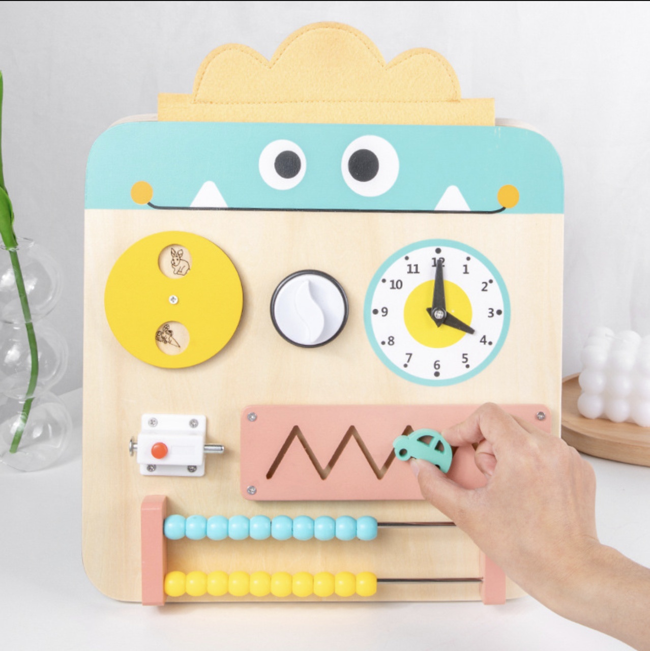 Placa activitati Montessori Busy Board pliabila si reversibila 17 activitati, din lemn - 3 | YEO