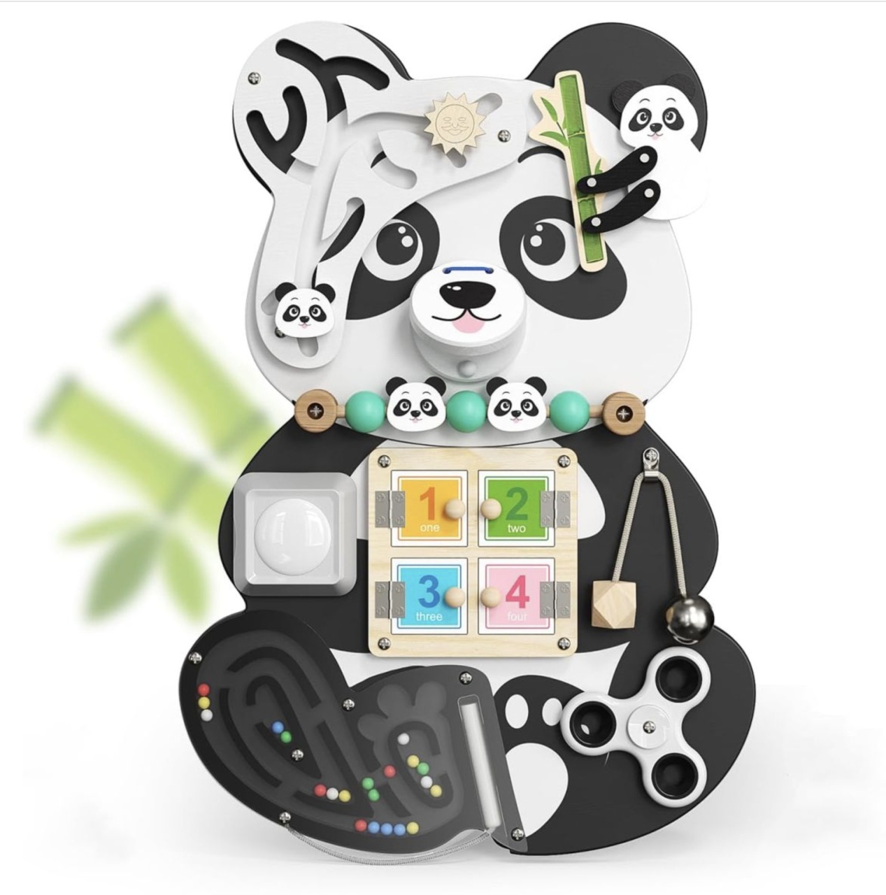 Placa Montessori Busy Board 12 activitati Panda, din lemn