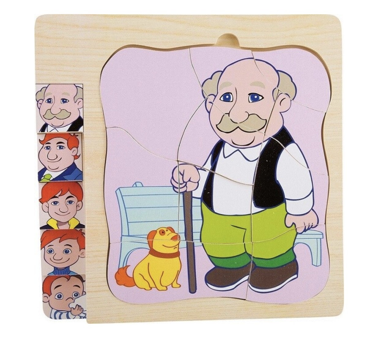 Puzzle in 5 straturi, Etapele vietii de la baietel la bunic, din lemn