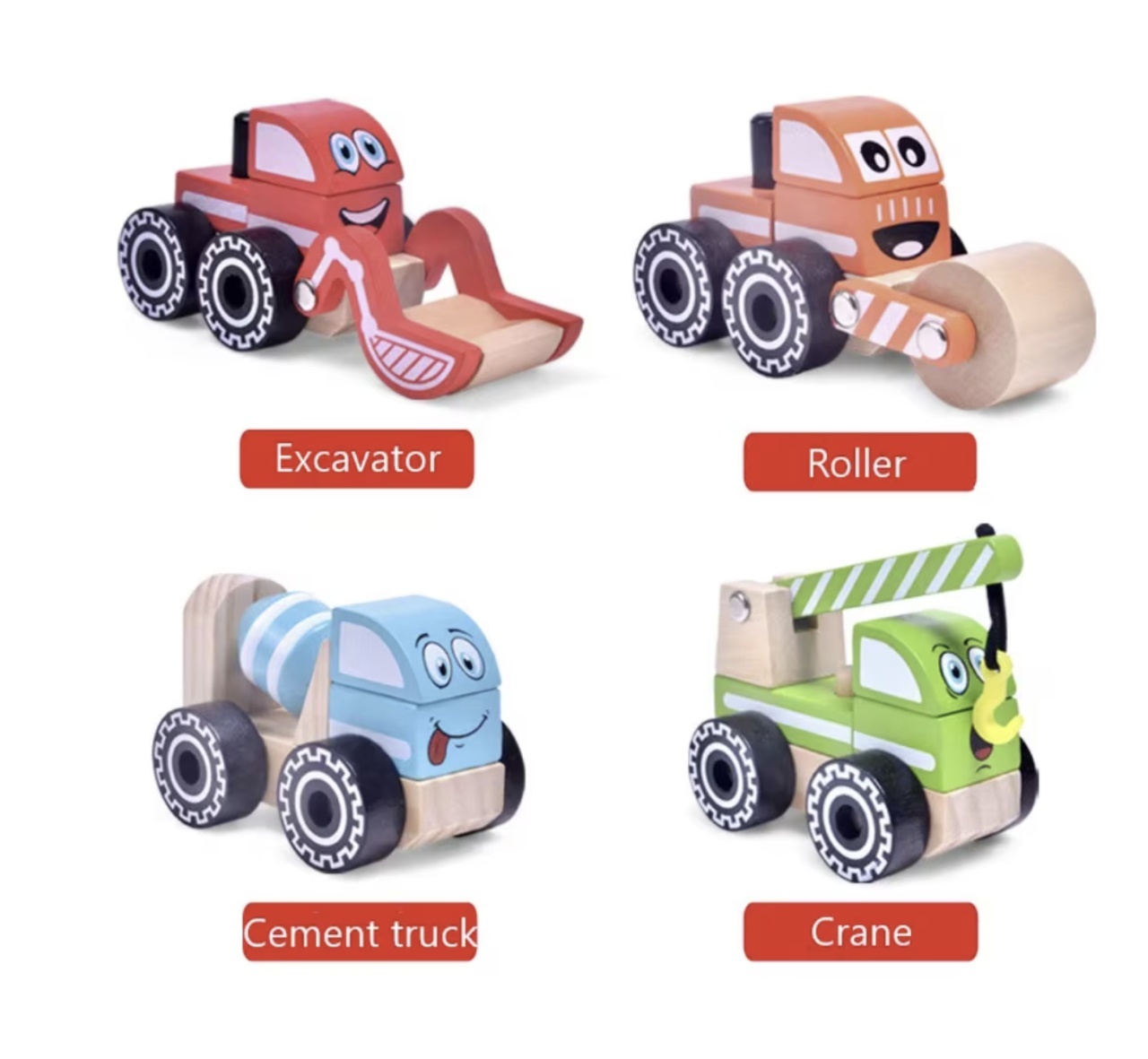 Set 4 Masinute Utilitare - Betoniera, Compactor, Excavator, Macara, din lemn - 1 | YEO