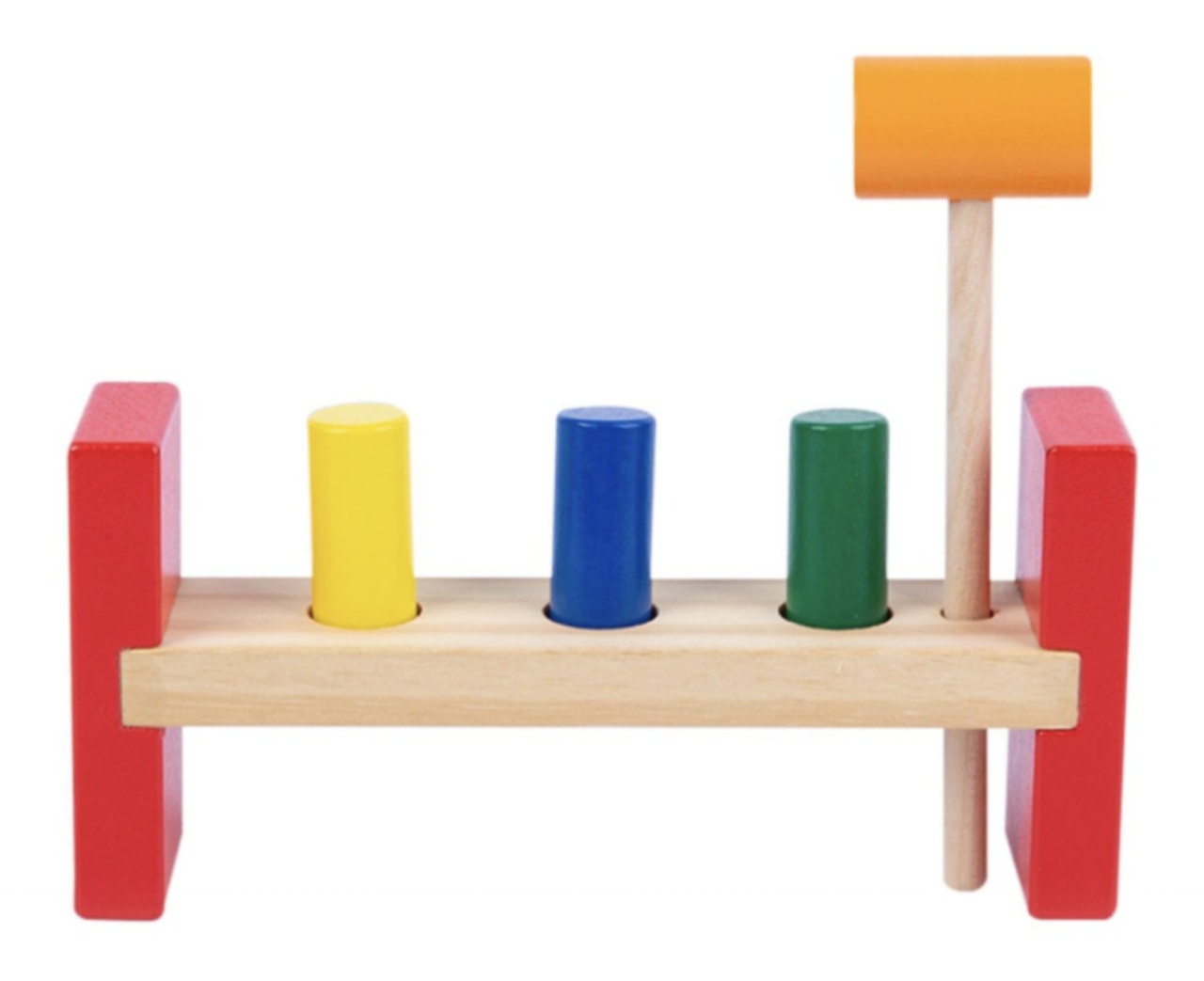 Banc din lemn cu sortator de 3 tije colorate si ciocanel