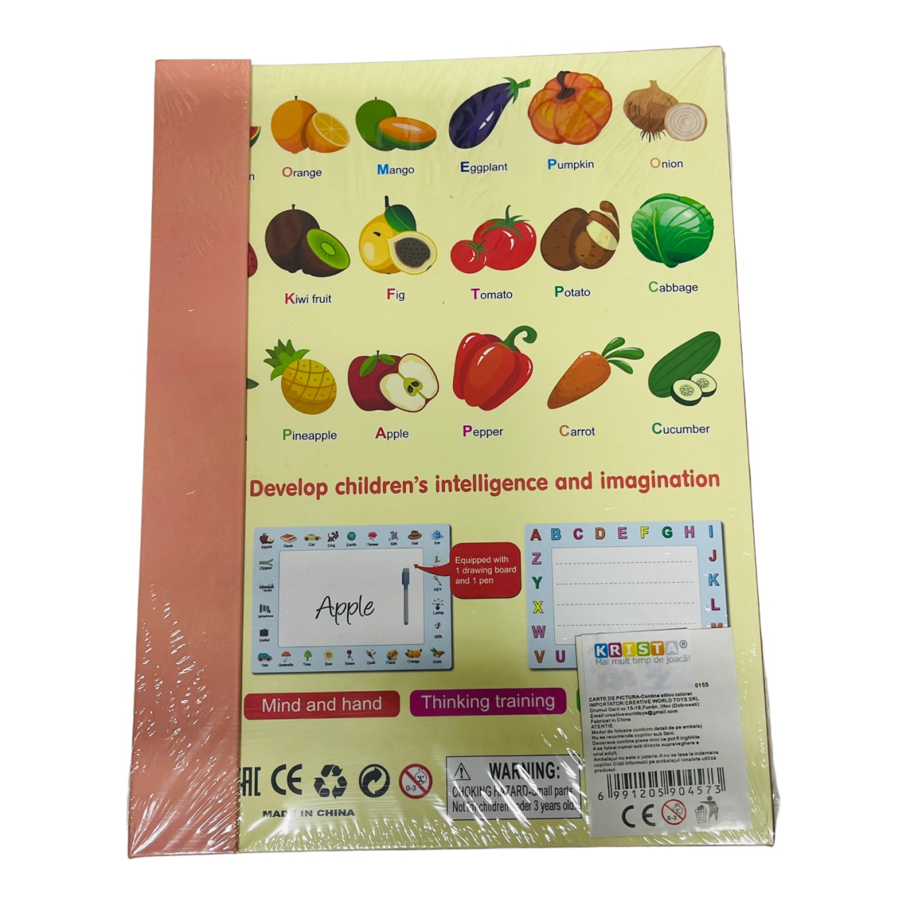 Carte magnetica cu activitati educative, cu piese puzzle si tablita de scris magnetica, cu marker, Fructe si legume - 1 | YEO