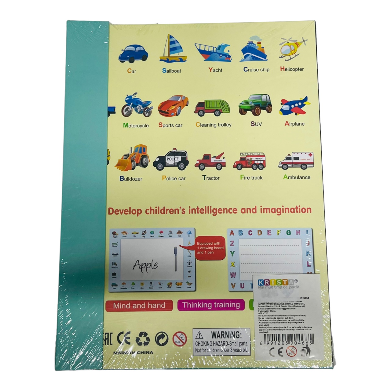 Carte magnetica cu activitati educative, cu piese puzzle si tablita de scris magnetica, cu marker, Vehicule - 1 | YEO