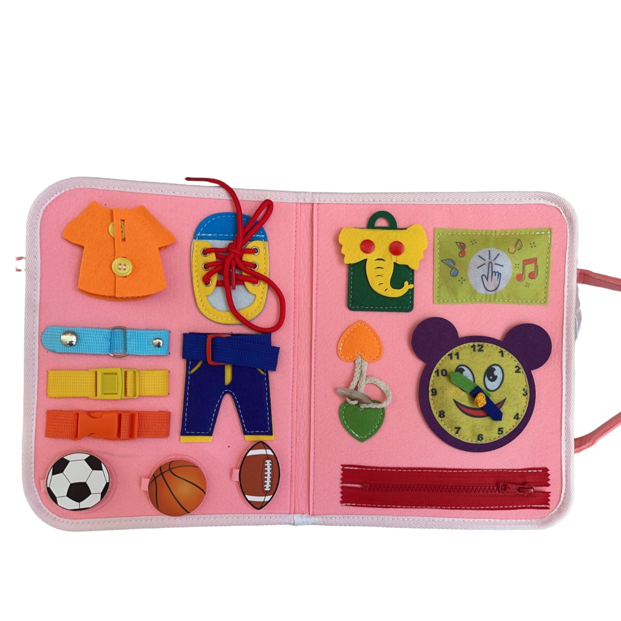 Carte senzoriala tip geanta, cu 16 activitati, 45x28 cm, din fetru, roz - 1 | YEO