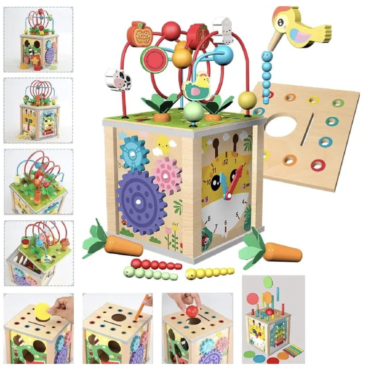 Cub Activitati Educativ Montessori 10 in 1, din lemn, Ciocanitoare si Xilofon