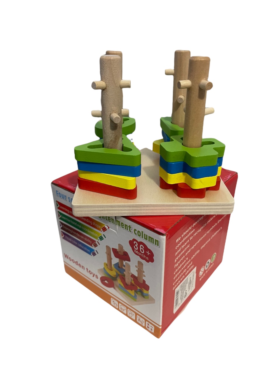 Joc Montessori de indemanare cu 4 Coloane Sortatoare De Forme, Din Lemn - 1 | YEO