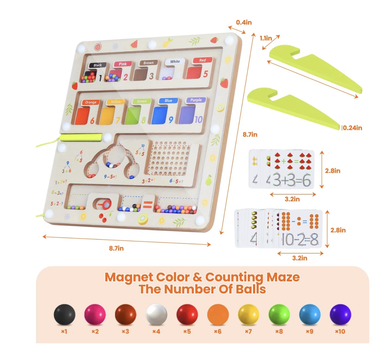 Joc Montessori Labirintul magnetic cu bile colorate si operatiuni matematice, din lemn - 2 | YEO
