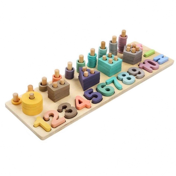 Joc Montessori Logarithm 4 in 1, aritmetica cu cifre si coloane sortoatoare de forme,din lemn