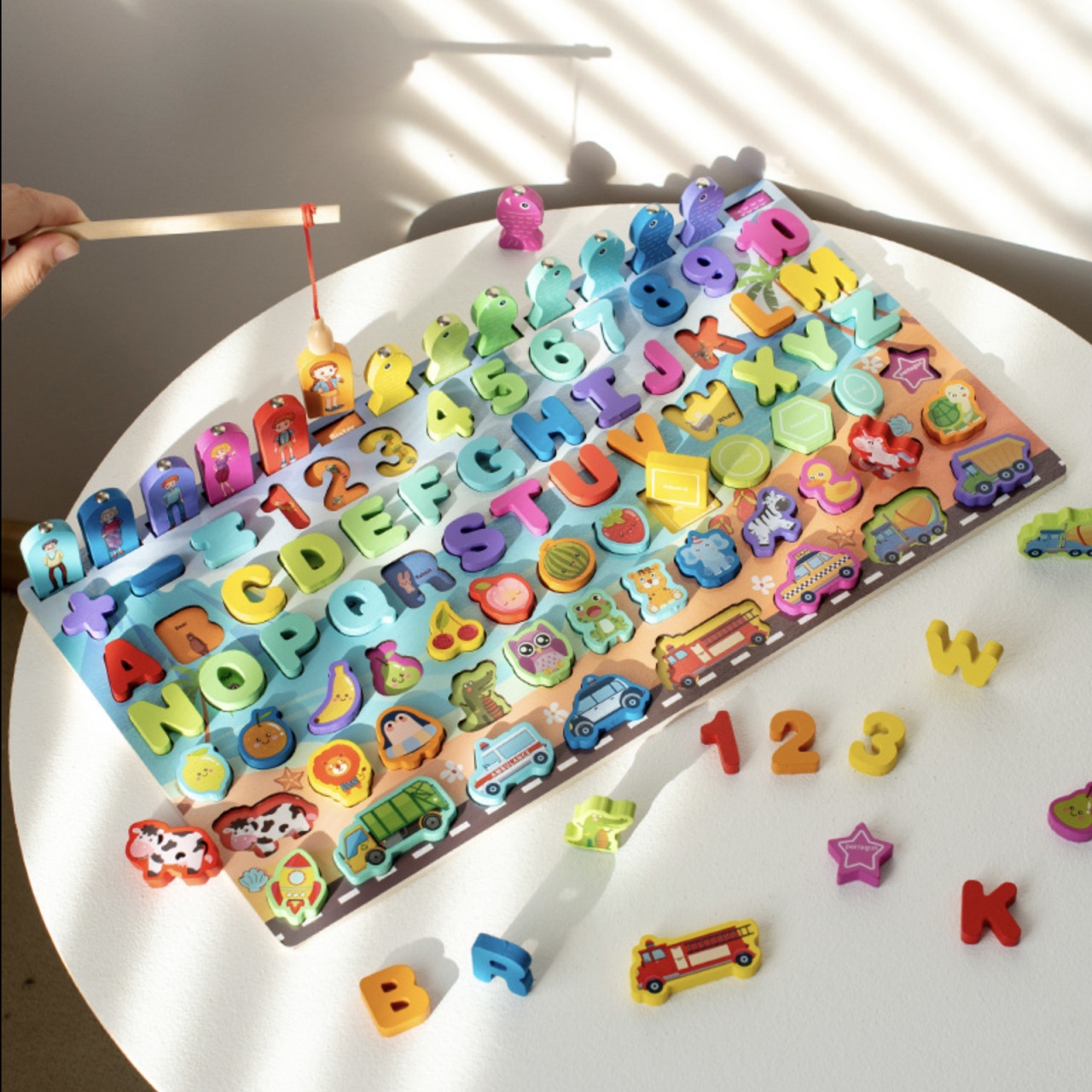 Joc Montessori Logarithm 8 in 1, cu litere, cifre, masini, animale, fructe de pescuit, din lemn - 2 | YEO