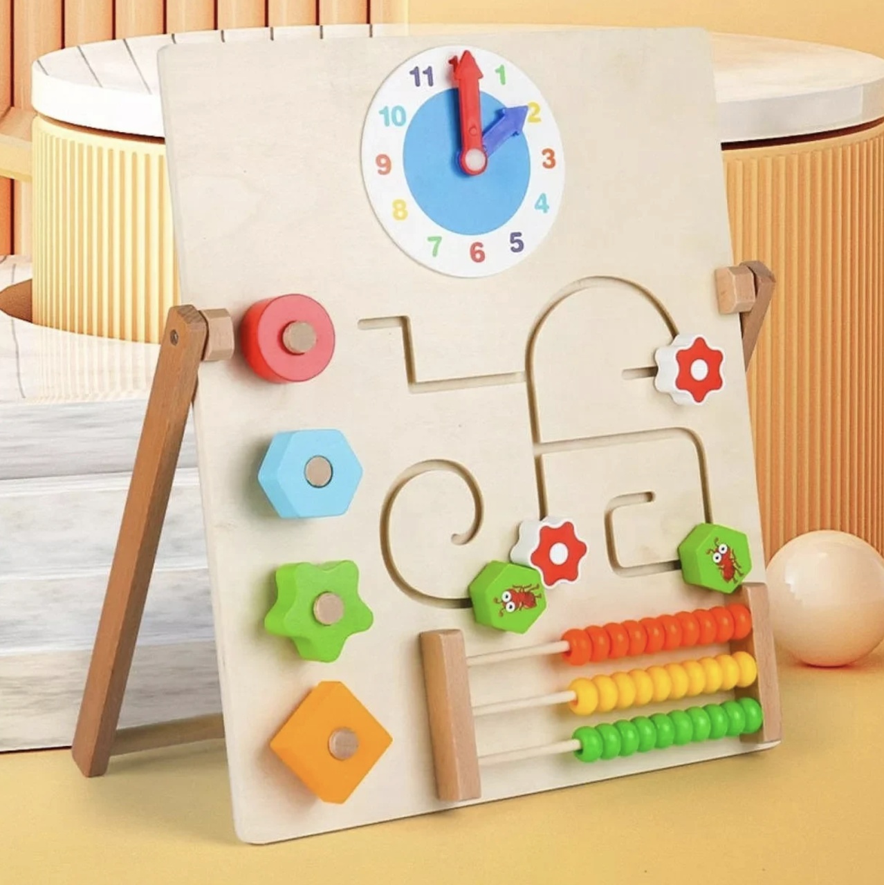 Joc Montessori Placa Busy Board cu 4 Activitati, cu Abac, din lemn - 1 | YEO