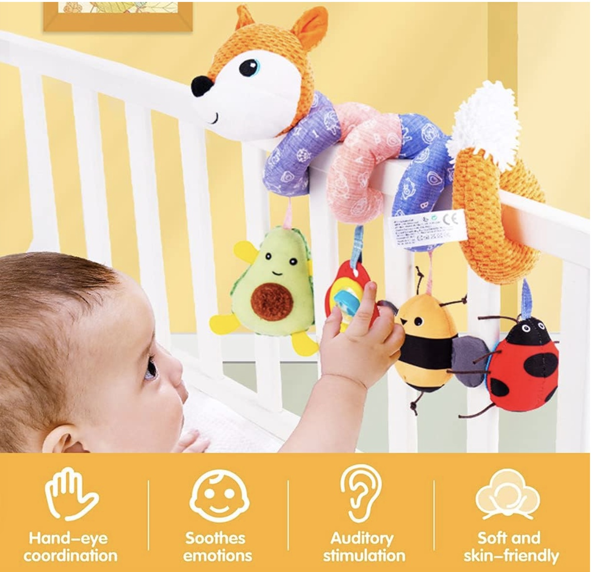 Jucarie bebe muzicala zornaitoare Vulpita multicolora pentru patut, carucior - 1 | YEO