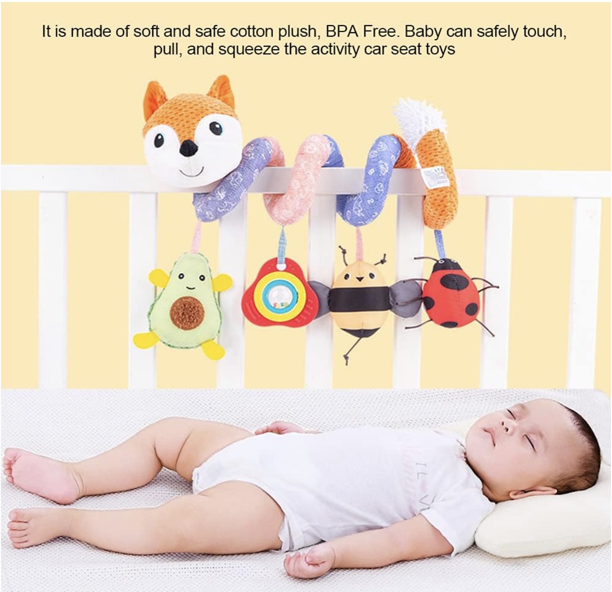 Jucarie bebe muzicala zornaitoare Vulpita multicolora pentru patut, carucior - 3 | YEO