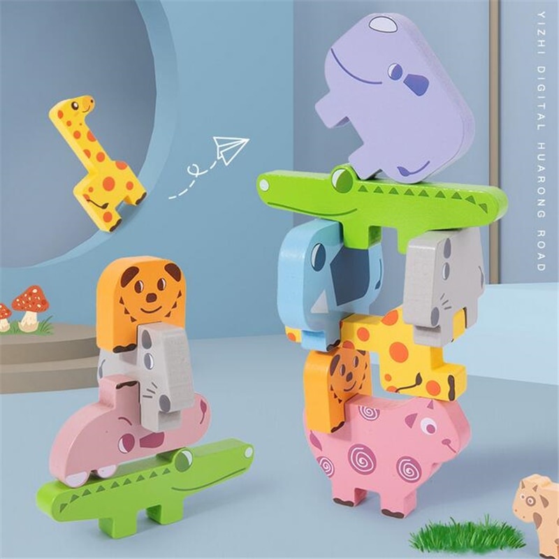 Jucarie Montessori de echilibru, Set 10 animale de stivuit, din lemn - 3 | YEO