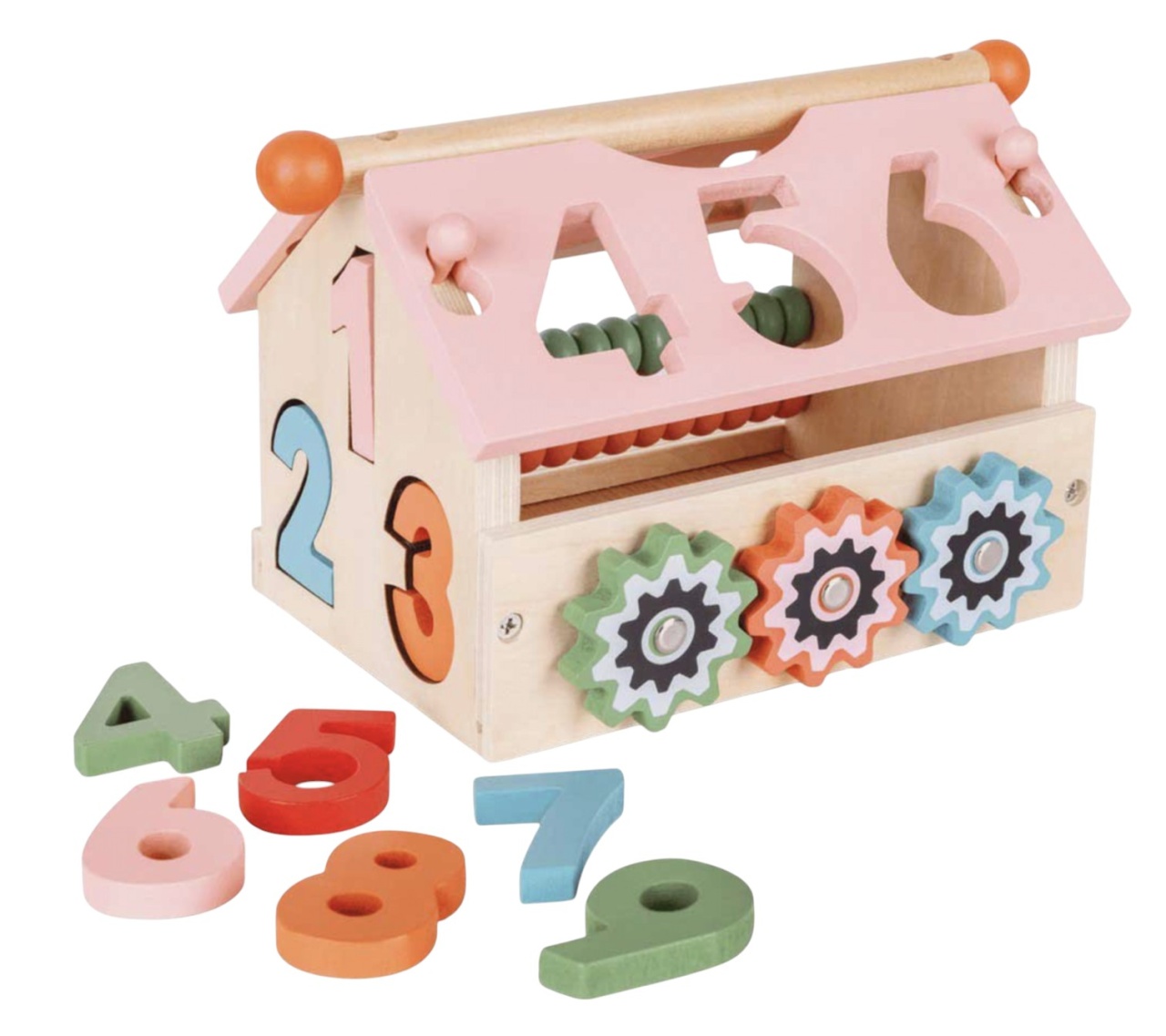 Jucarie multifunctionala Montessori Casuta Educativa cu abac si cifre de sortat