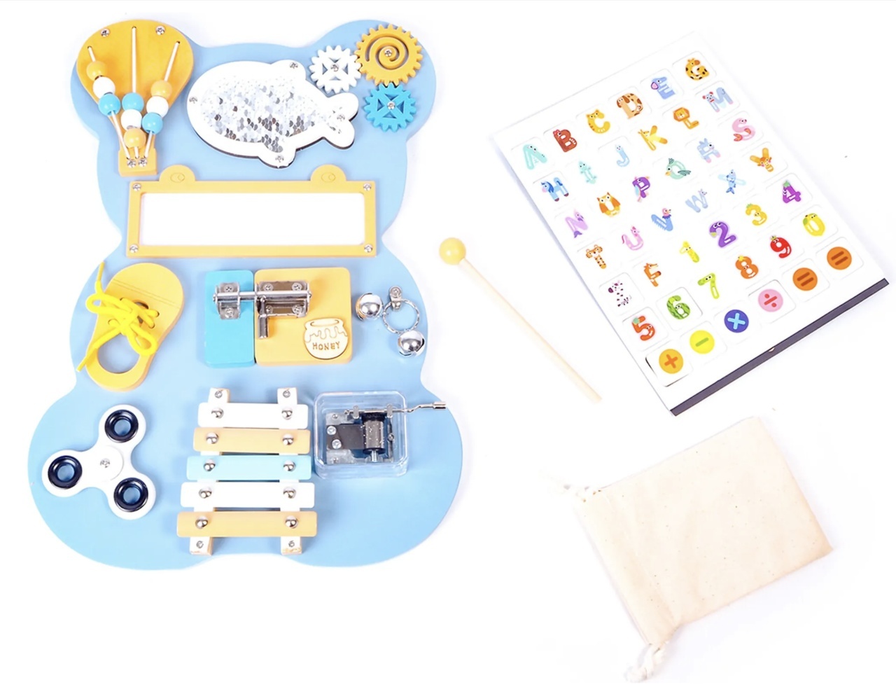 Placa Montessori Busy Board 10 activitati Ursuletul bleu, din lemn - 2 | YEO