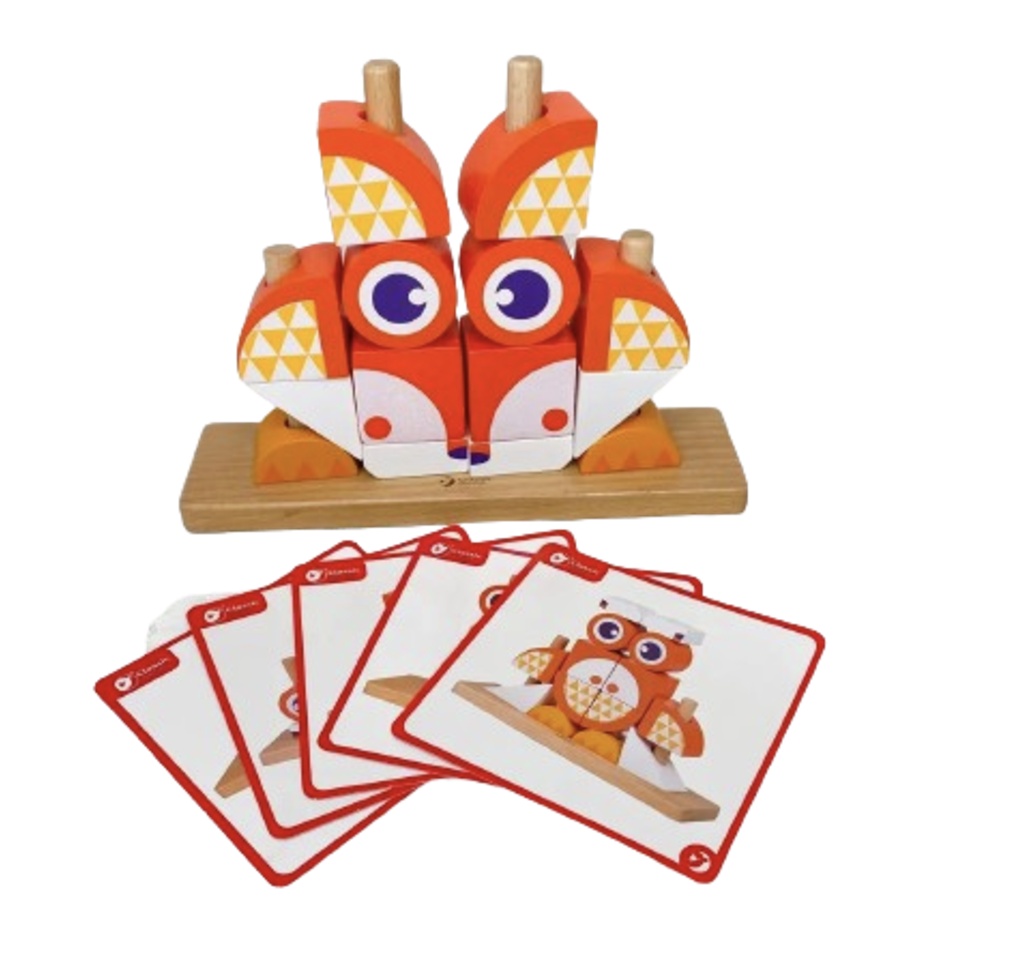Puzzle 3D din 12 cuburi colorate, pe tije, Vulpea portocalie - 1 | YEO