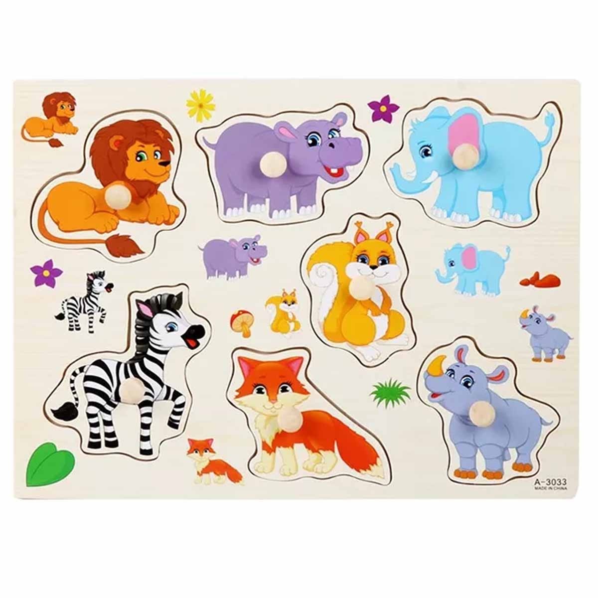 Puzzle Incastru cu Animale Salbatice, cu Buton si Imagini, din lemn