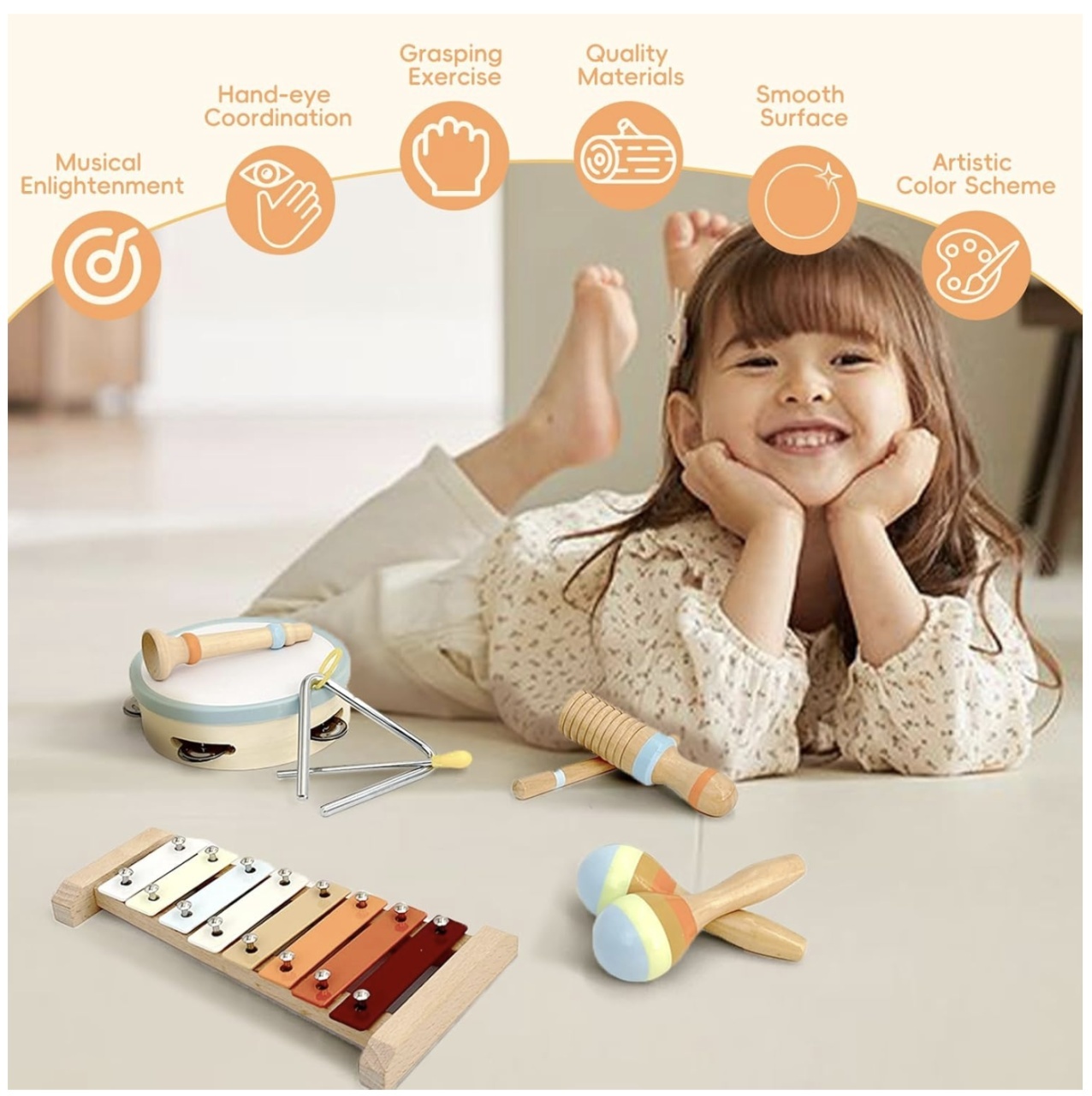 Set Montessori de 6 instrumente muzicale pentru copii, din lemn - 1 | YEO