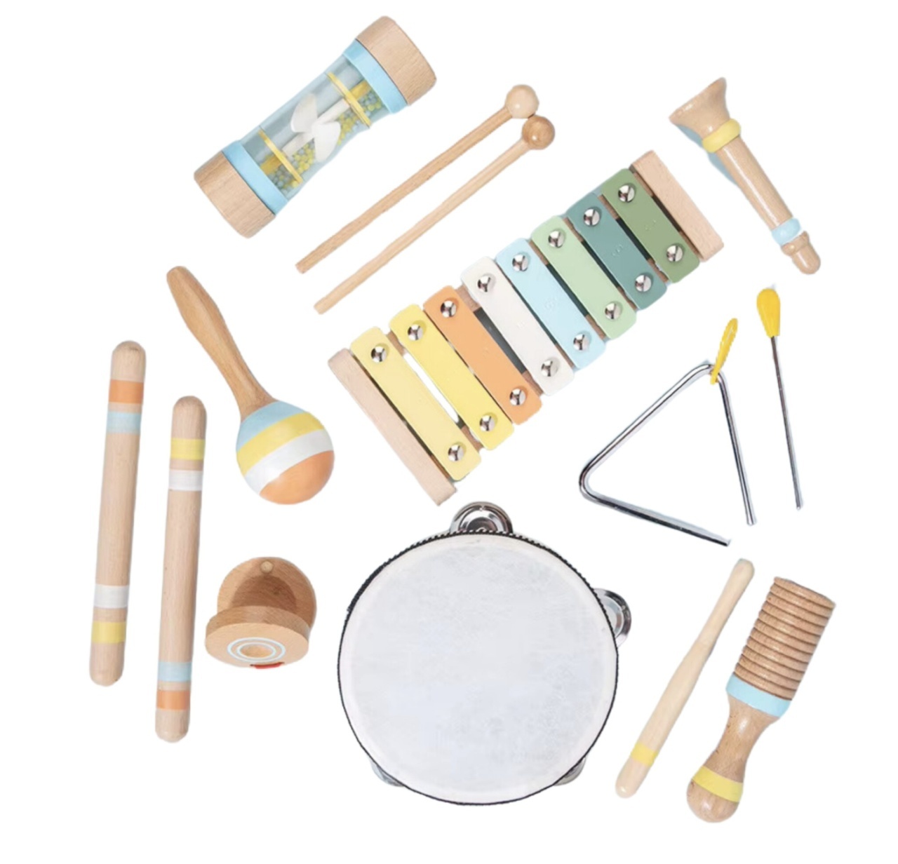 Set Montessori de 9 instrumente muzicale pentru copii, din lemn