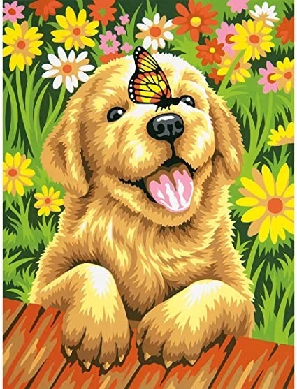 Tablou PM503 Picteaza Dupa Numere Catel intre flori, 20x30 cm
