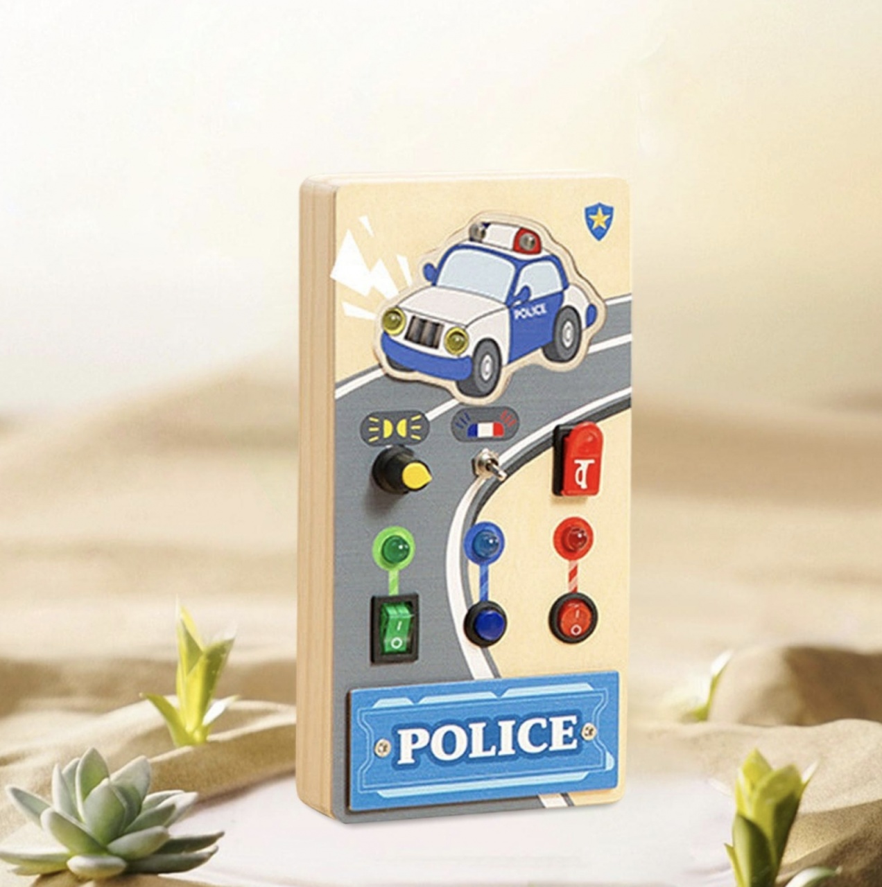 Busy Board Electric cu Multiple Activități, Masina de politie, din lemn - 2 | YEO