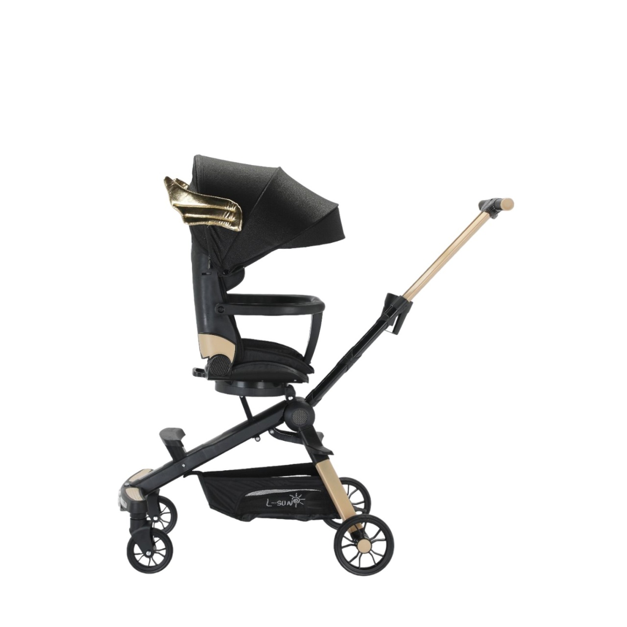 Carucior C2 Deluxe, reversibil, pliabil, cu lumini si muzica, Negru cu flori - 1 | YEO