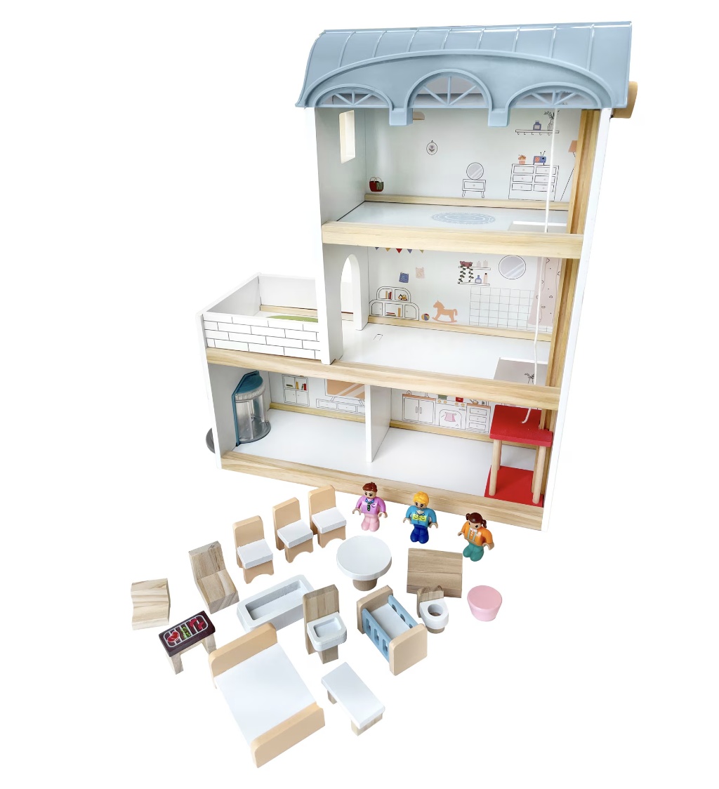 Casuta de papusi cu mobilier si personaje, din lemn cu accesorii de plastic - 1 | YEO
