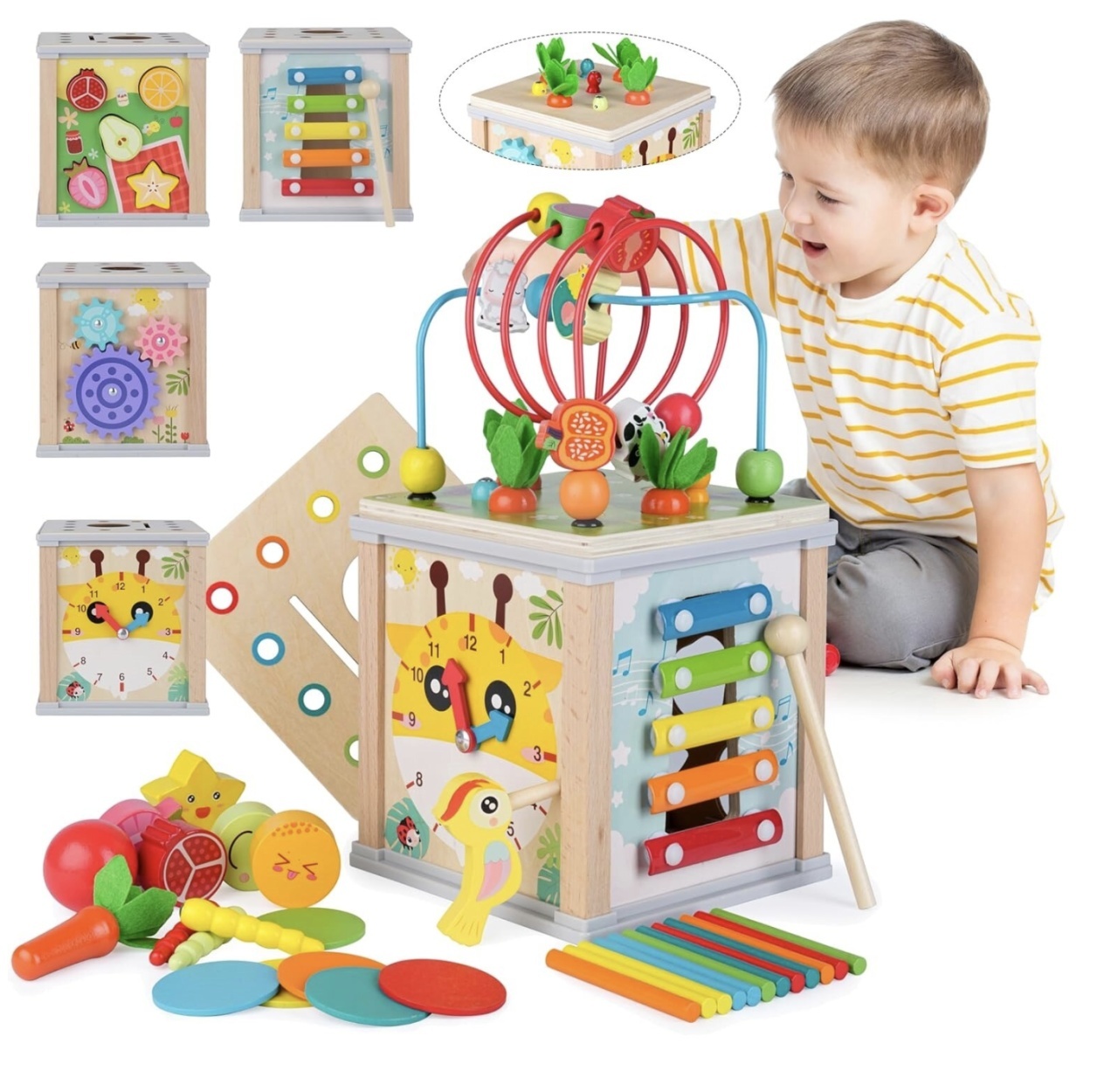 Cub Activitati Educativ Montessori 10 in 1, din lemn, Ciocanitoare si Xilofon - 1 | YEO
