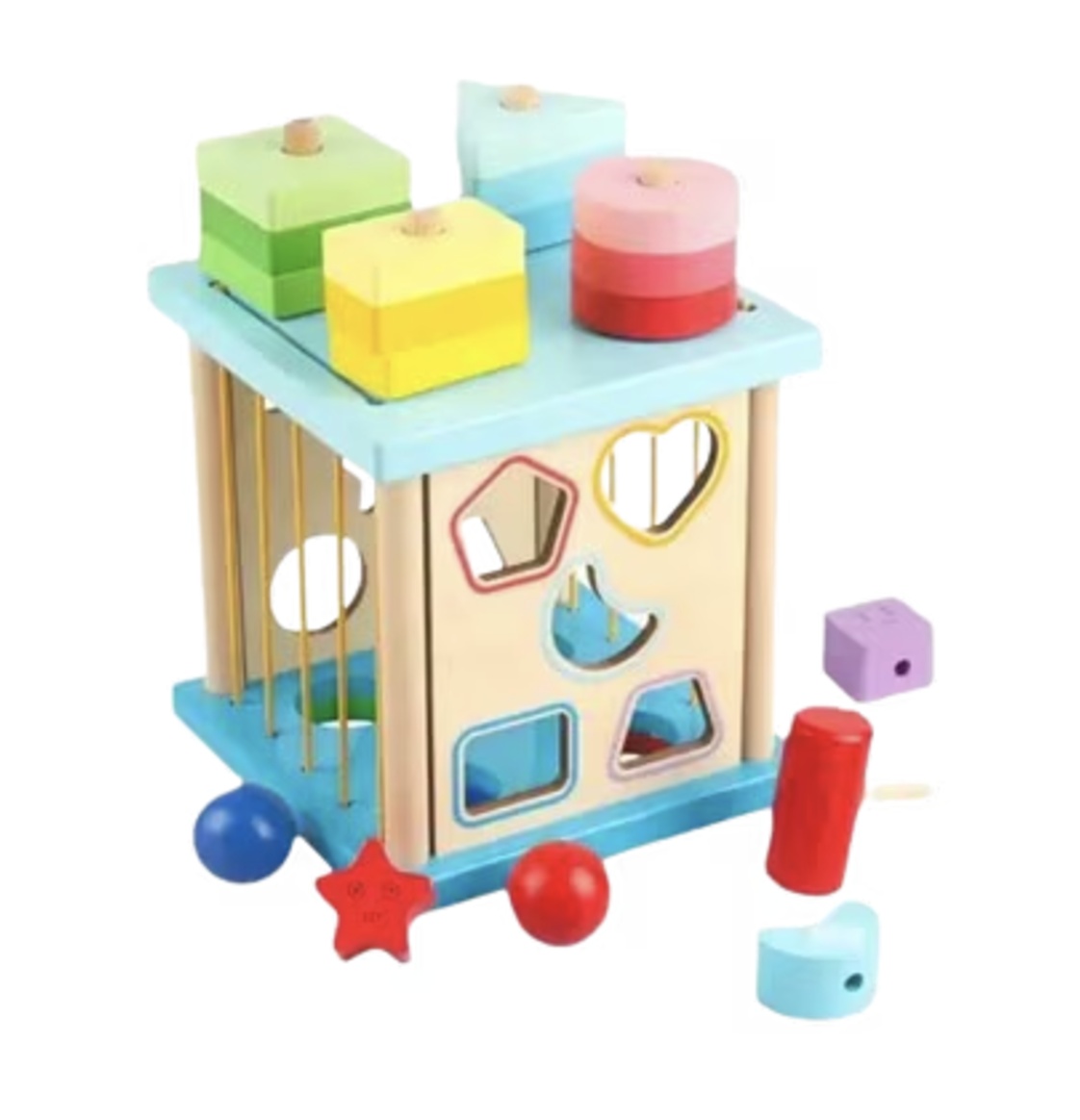 Cub Montessori cu activitati, 5 in 1, cu sortator de forme geometrice, din lemn - 1 | YEO