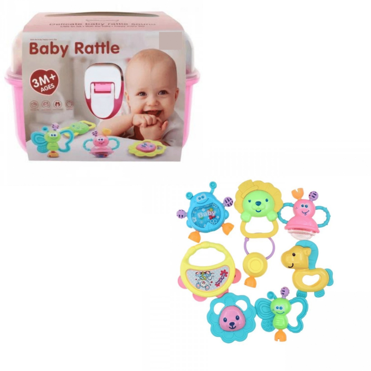 Cutie cu set 8 jucarii zornaitoare cu suprafete moi siliconate pentru dentitia bebelusilor, roz - 2 | YEO