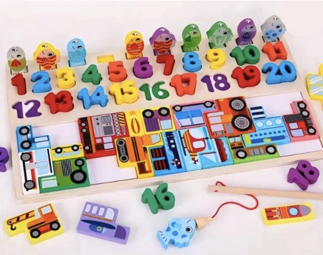 Joc Logarithmic Montessori 4 in 1, cu tetris cu Vehicule, joc de pescuit, cifre, incastru, din lemn - 1 | YEO