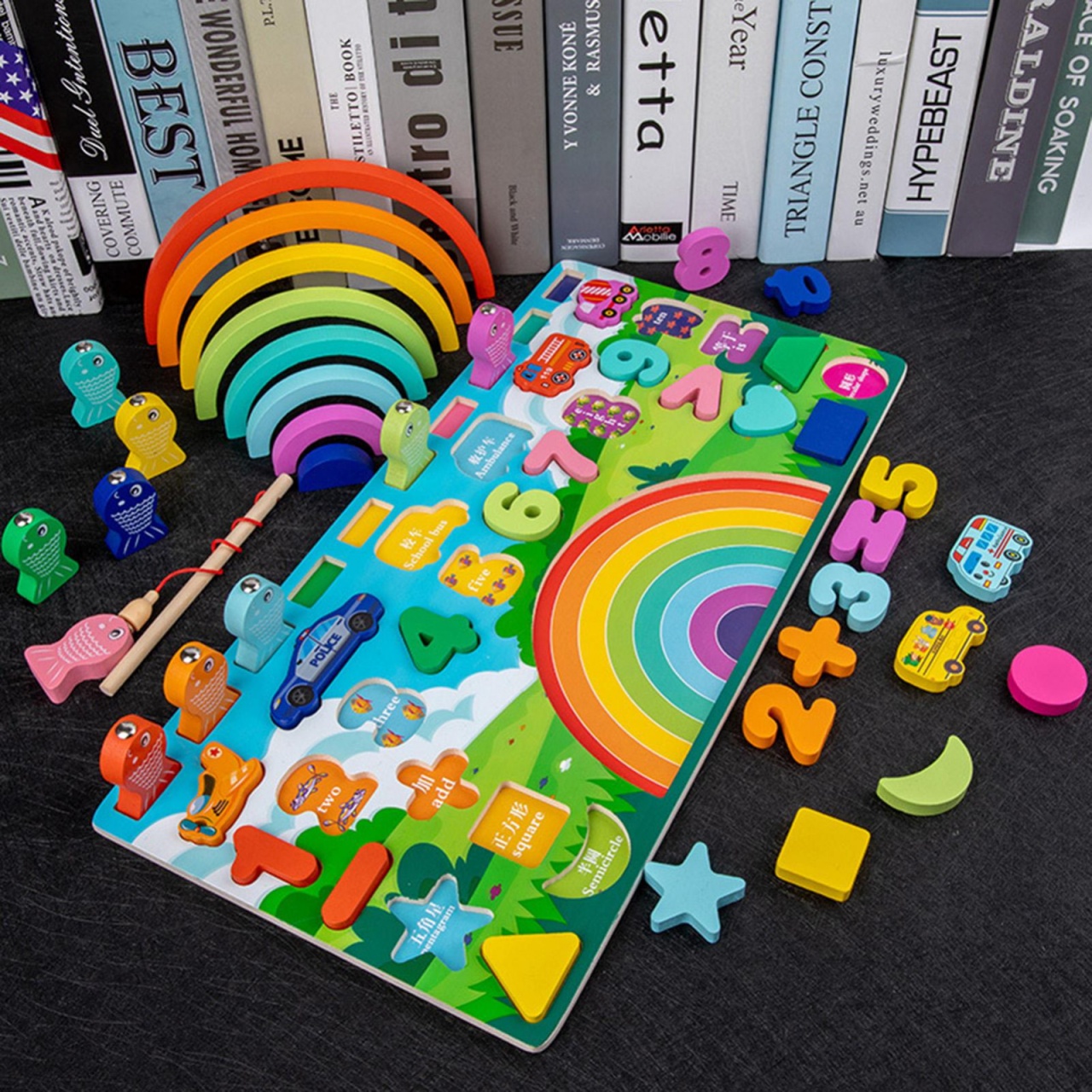 Joc Logarithmic Montessori 6 in 1 Curcubeu, cu cifre, forme, masini, joc de pescuit, din lemn - 3 | YEO