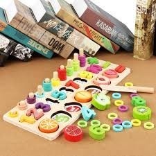 Joc logaritmic Montessori 5 in 1, din lemn cu fructe de taiat - 1 | YEO