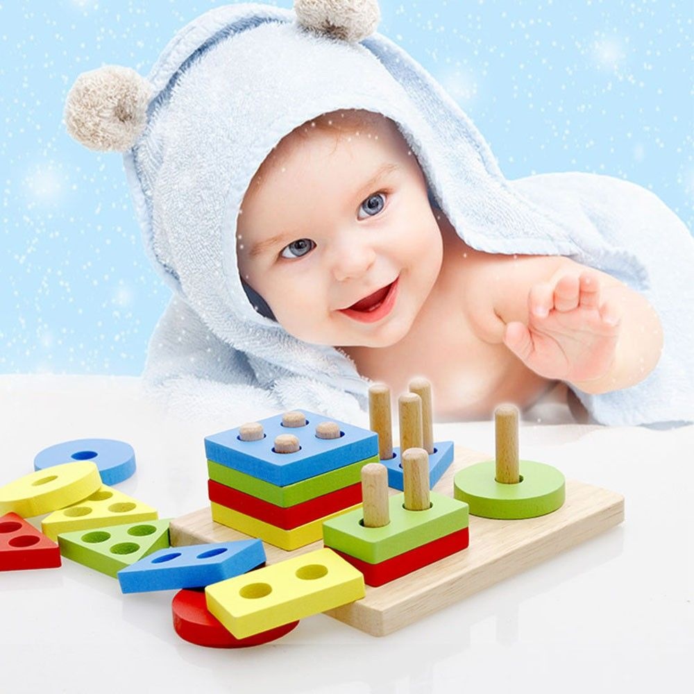 Joc Montessori din lemn Coloane Sortatoare Invata Formele Si Culorile Patrat - 2 | YEO