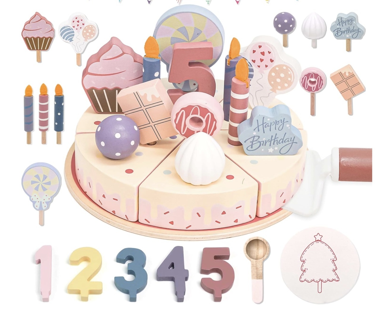 Jucarie lemn Tort aniversar Montessori, cu 24 accesorii, din lemn, roz