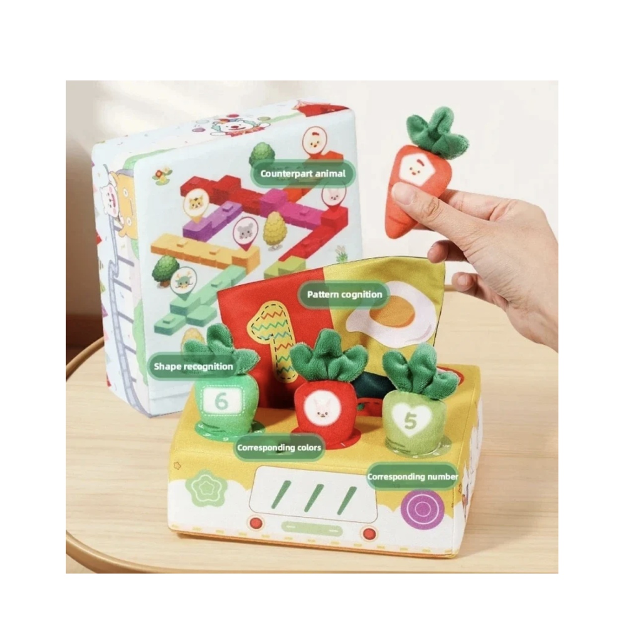 Jucarie senzoriala 2 in 1 Bebe- Culege morcovii si servetele, material textil - 1 | YEO