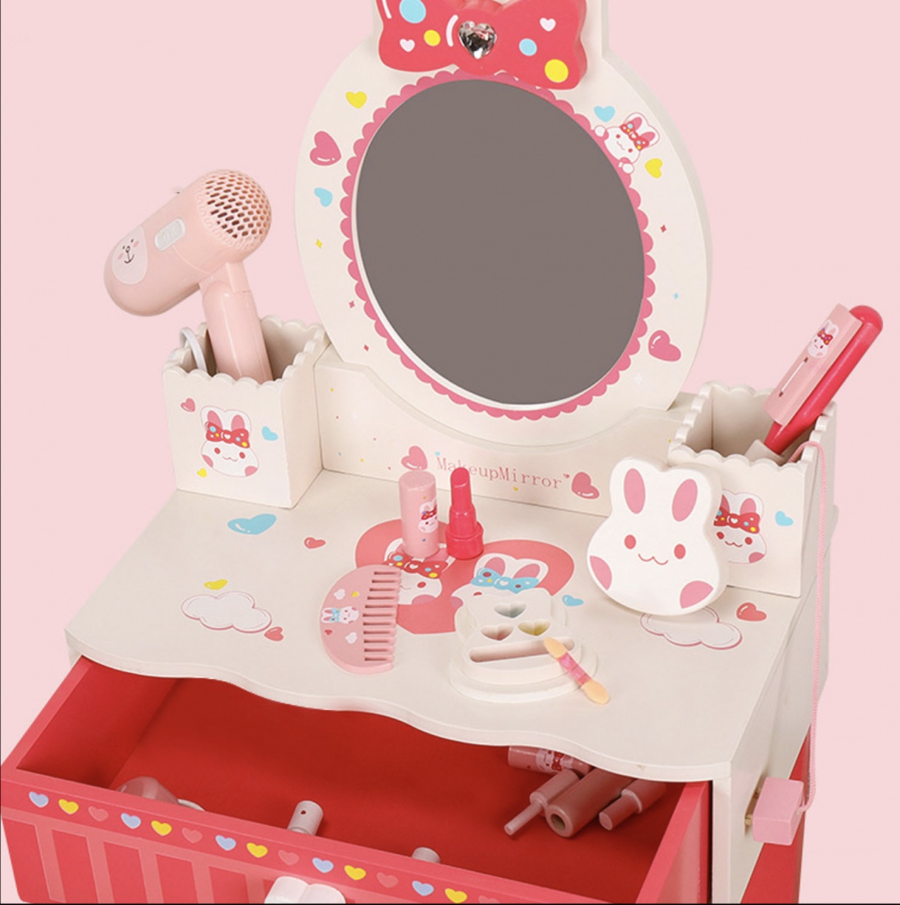 Masuta de frumusete cu oglinda, scaunel si accesorii, Iepurasul Red, din lemn - 3 | YEO