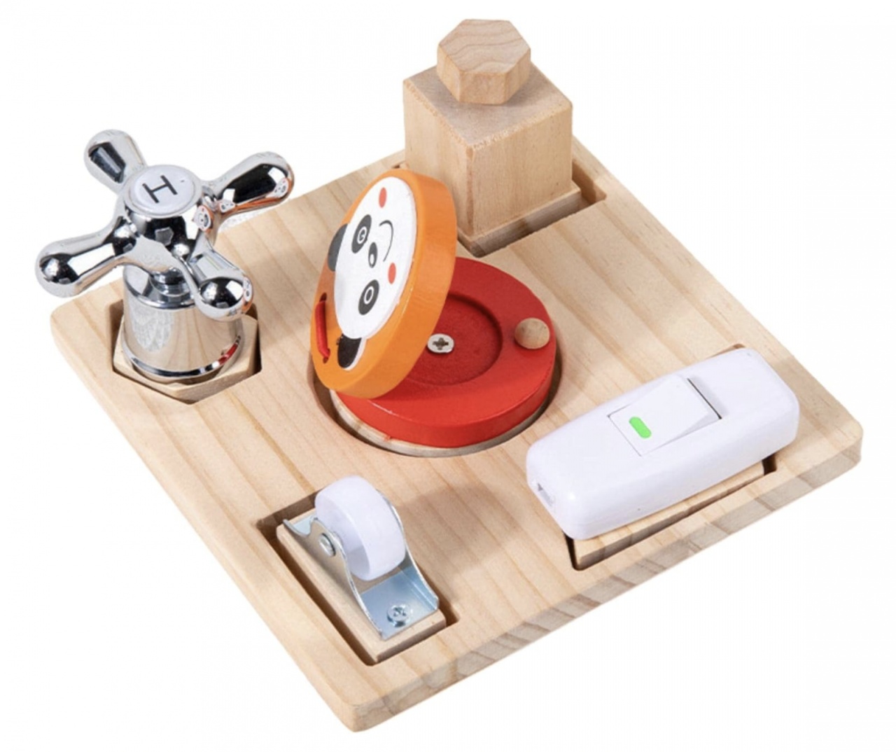 Placa Busy Board cu 5 activitati, tine-l ocupat pe bebe, din lemn