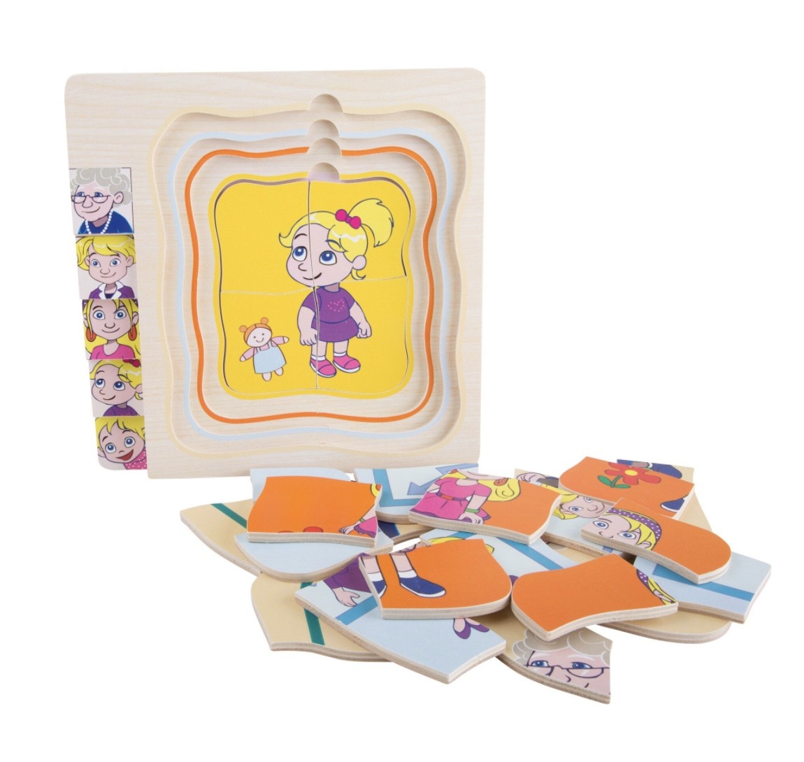 Puzzle in 5 straturi, Etapele vietii de la fetita la bunica, din lemn - 2 | YEO