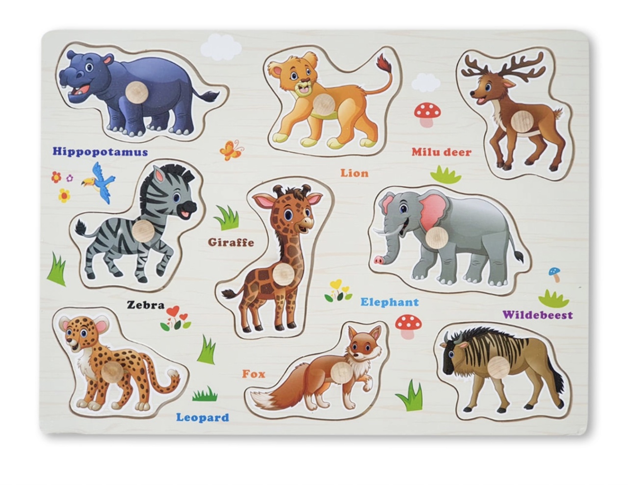 Puzzle Incastru Cu Animale Salbatice Cu Buton Si Imagini, Din Lemn - 1 | YEO
