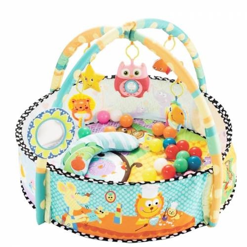 Saltea de joaca 2 in 1 pentru bebelusi, cu bile, pernuta si bara jucarii Happy Space Play Gym, bleu