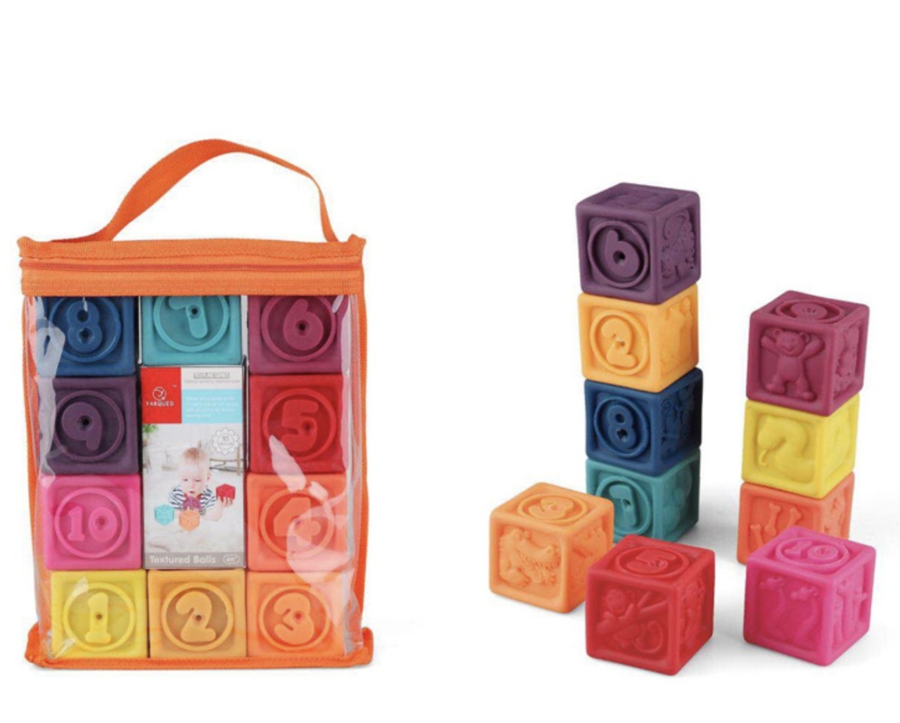 Set 10 cuburi plastic moale pentru bebelusi, cu texturi si cifre