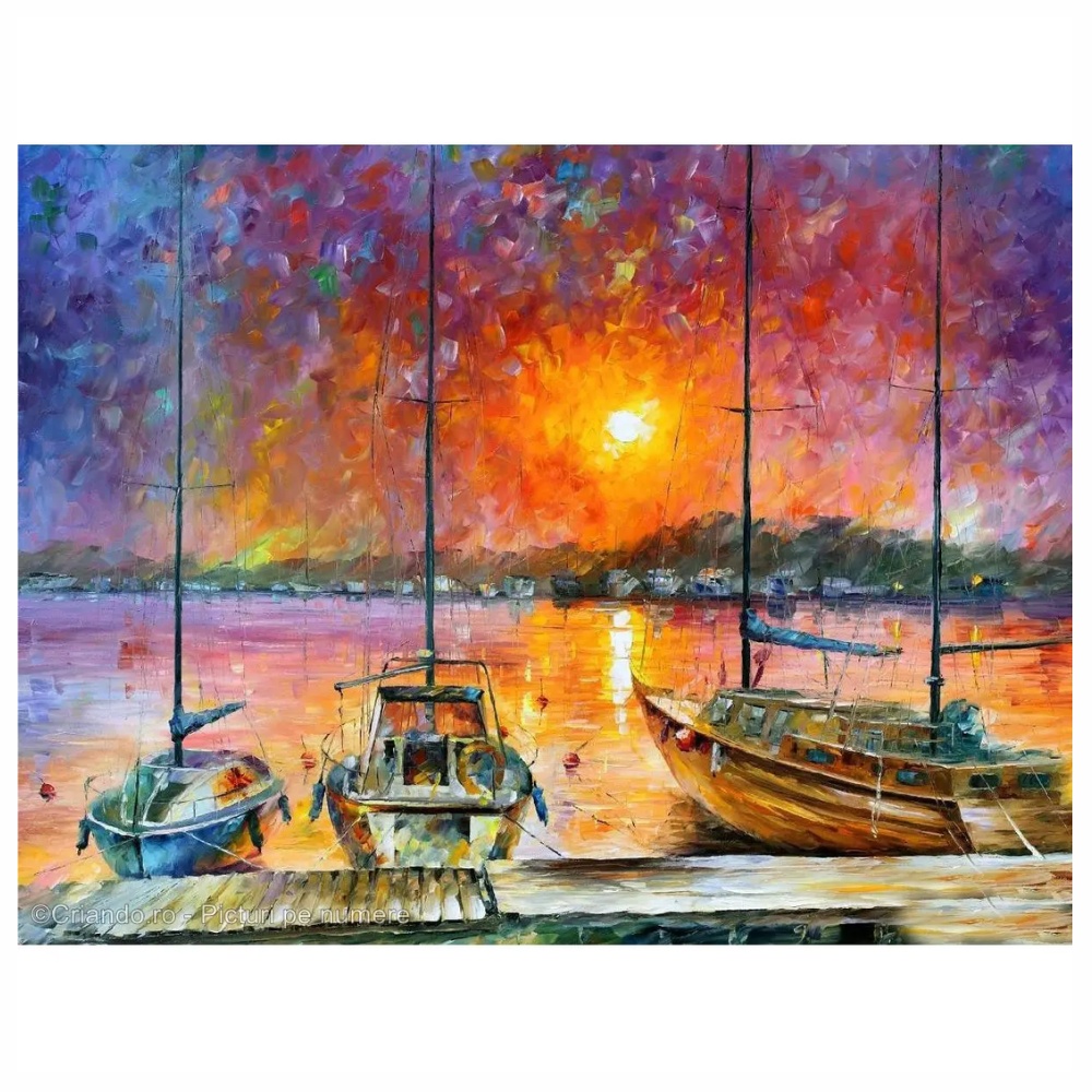 Tablou B22-31488 Goblen Diamante rotunde, 50 x 40 cm, Barci in port la apus de soare