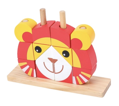 Puzzle 3D din 12 cuburi colorate, pe tije, Leul rosu cu galben