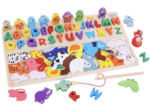 Joc Logarithmic Montessori 4 in 1, cu tetris cu Animale, joc de pescuit, litere, incastru, din lemn